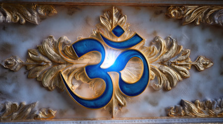 This striking image features an ornate golden Om symbol against a beautifully detailed background, evoking feelings of spirituality and calmness, ideal for creative projects.の素材
