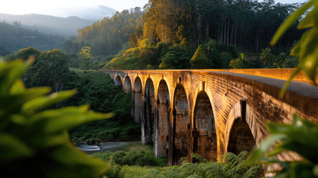 Experience the breathtaking beauty of a historical stone bridge at sunrise, nestled in a verdant valley, with lush greenery and majestic mountains surrounding the scene.の素材