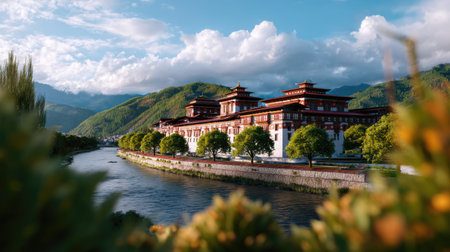 This image showcases the stunning architecture of traditional buildings next to a tranquil river, surrounded by lush green mountains and a dynamic sky.の素材