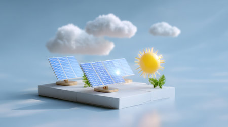 A vibrant depiction of solar panels harnessing sunlight symbolizes innovative renewable energy. The scene includes bright sunshine and playful clouds, representing clean technology's role in a sustainable future.の素材