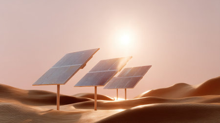 A captivating scene featuring solar panels installed on sandy dunes, basking in the warm glow of a desert sunset, symbolizing sustainable energy innovation.の素材