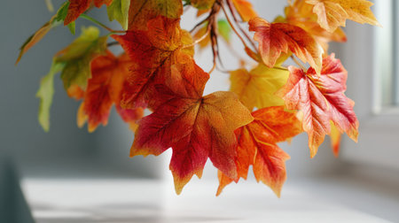 A stunning close-up of vibrant autumn leaves showcasing rich red and yellow hues, creating a warm and inviting atmosphere in natural light.の素材