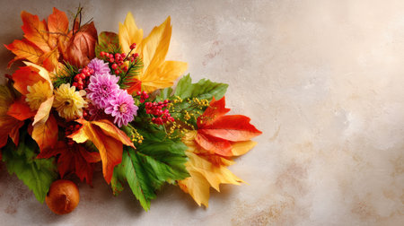 This beautiful arrangement features vibrant autumn leaves and delicate flowers, creating a perfect seasonal decoration for various celebrations and home decor.の素材