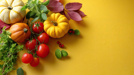 This vibrant composition features fresh pumpkins, ripe tomatoes, and colorful autumn leaves arranged on a bright yellow background, perfect for harvest-themed projects.の素材