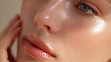 Stunning close-up image showcasing a female's radiant skin and delicate features, emphasizing natural beauty and the art of skincare.の素材