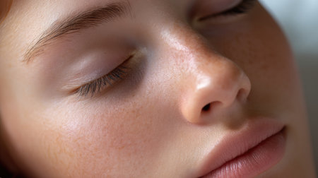 A close-up image showcasing the serene features of a young woman, highlighting her freckles and soft skin. The natural beauty reflects calmness and tranquility.の素材