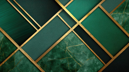 This sophisticated background features a blend of green and gold geometric shapes, showcasing textured leather and marble elements ideal for stylish design projects.の素材