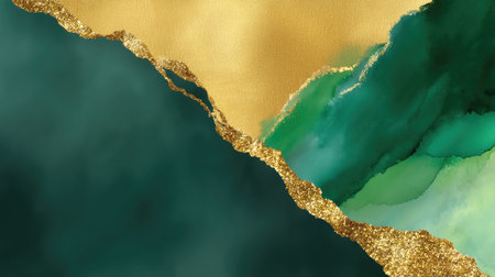 This stunning abstract artwork features a harmonious blend of green and gold watercolor textures. Ideal for creative design projects, the luxurious look adds elegance and sophistication.の素材