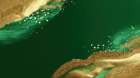 This stunning abstract background features rich green hues accented by shimmering gold textures and elegant brushstrokes, perfect for creative projects.の素材