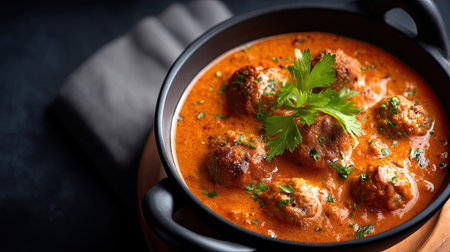 This image features delicious meatballs simmered in a rich, creamy sauce, garnished with fresh herbs, perfect for a hearty meal or gathering.の素材