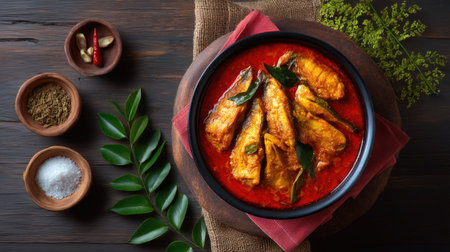 A vibrant bowl of traditional spicy fish curry served with fresh ingredients, showcasing a rich red sauce perfect for flavorful meals.の素材