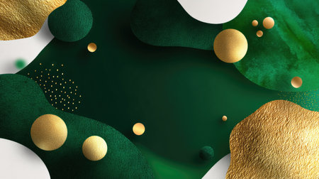 This abstract image features a harmonious blend of green and gold shades, showcasing modern textured shapes and decorative elements, perfect for elegant backgrounds.の素材