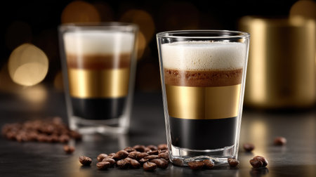 This image showcases two stylish layered coffee drinks served in elegant glassware, surrounded by coffee beans and a blurred warm background.の素材
