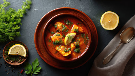 Discover a mouthwatering chicken curry served in a rustic clay bowl, garnished with fresh herbs and lemon slices, perfect for any dining occasion.の素材