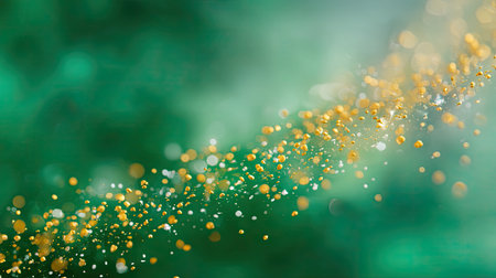 Captivating golden and silver glitter particles dance across a lush green background, creating a magical and dreamy atmosphere perfect for celebrations and events.の素材