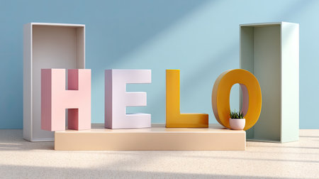 A vibrant display of 3D letters forming the word "hello" set against a soft blue background. This arrangement includes colorful shapes and minimal shelves, creating a playful yet modern aesthetic perfect for creative spaces.の素材