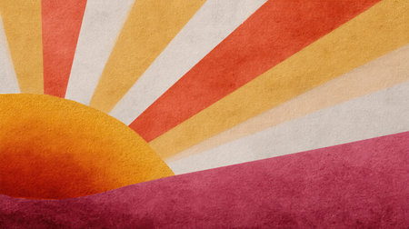 This artwork features a vibrant sun rising above stylized mountains, with colorful rays spreading across a textured background, ideal for decor and art projects.の素材