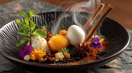 This stunning gourmet dish features delicate eggs, vibrant flowers, aromatic spices, and herbs, elegantly arranged for a captivating culinary experience.の素材