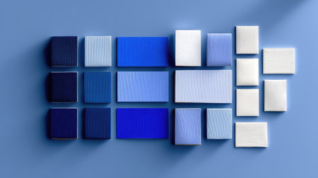 A vibrant arrangement of blue and white textured squares and rectangles set against a clean background, perfect for design projects and artistic inspiration.の素材
