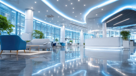A spacious and modern lobby featuring sleek furniture, bright LED lighting, and vibrant green plants, creating a welcoming and elegant atmosphere.の素材