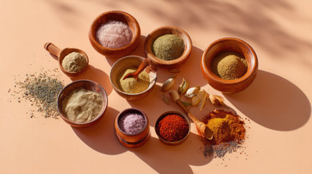 A visually appealing arrangement of spices and herbs in wooden bowls, perfect for showcasing culinary diversity and enhancing flavors in dishes.の素材