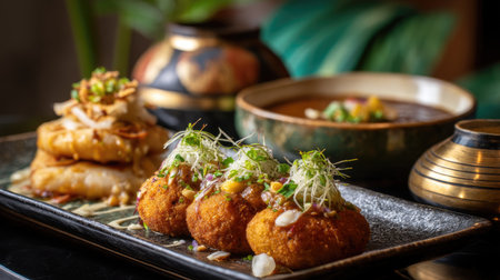 Experience a vibrant display of Indian cuisine featuring crispy snacks and rich curry, artfully presented on a stylish plate in a cozy restaurant ambiance.の素材