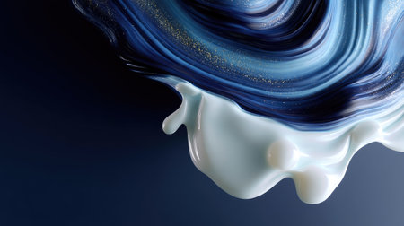 This captivating abstract artwork showcases fluid movements of blue and white paint on a dark backdrop, emphasizing seamless transitions, texture, and creativity.の素材