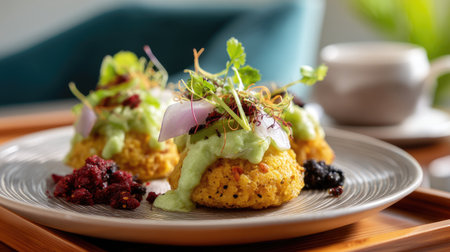 A beautifully arranged gourmet dish showcases vibrant colors and fresh ingredients, offering an inviting experience in a modern dining atmosphere.の素材