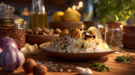 Indulge in a vibrant biryani dish beautifully plated with aromatic spices and fresh ingredients, capturing the essence of culinary artistry in a cozy kitchen.の素材