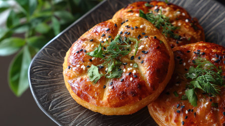 A close-up view of freshly baked round pastry topped with sesame seeds and herbs, beautifully arranged on a decorative plate capturing delicious detail.の素材