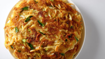This image showcases a golden brown savory pancake made from fresh vegetables, perfect for breakfast or brunch. Its crispy texture and vibrant colors invite a delightful culinary experience.の素材