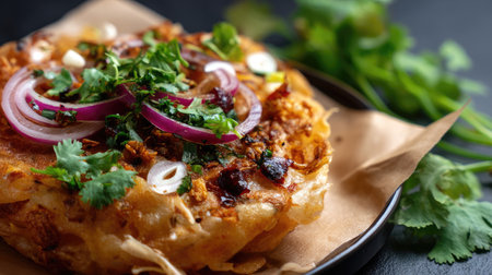 A delicious crispy pancake garnished with fresh herbs and sliced onions showcases vibrant colors and textures, inviting a delightful culinary experience.の素材