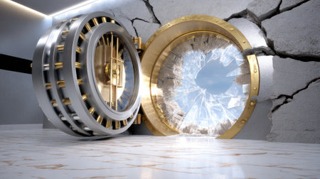 This striking image features a broken safe revealing a bright light beyond. The shattered glass and damaged wall create a sense of adventure and intrigue.の素材