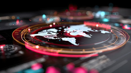 A captivating digital map visualization showcasing global data points, analytics, and vibrant colors. Ideal for presentations in technology, analytics, and geography.の素材