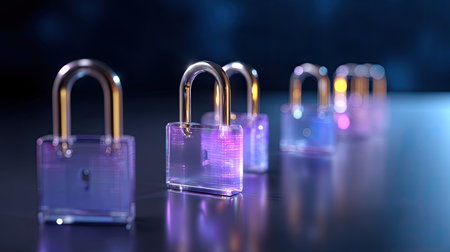 This image showcases a series of colorful transparent locks with shiny metal parts, set against a blurred digital background, symbolizing security and protection.の素材