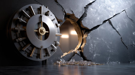 This dramatic image captures a bank vault that has been forcefully breached, showcasing a large crack in the wall and spilled contents on the floor.の素材