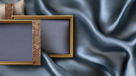 A stunning arrangement featuring elegant gold frames resting on luxurious blue fabric. The soft texture and intricate details create a refined, artistic display.の素材