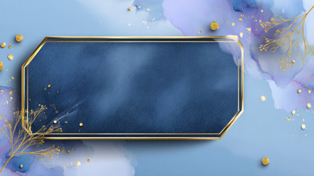 This artistic blue background features a stylish frame adorned with delicate gold accents and floral elements, perfect for invitations and creative designs.の素材
