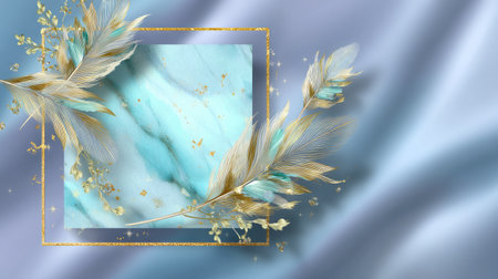 This stunning abstract image features an elegant blue marble backdrop with delicate gold accents and feather details, perfect for modern design projects.の素材