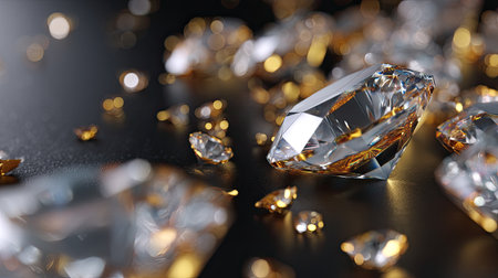 This stunning composition features sparkling crystals and gems on a dark surface, showcasing their elegance and brilliance. Perfect for luxury themes.の素材