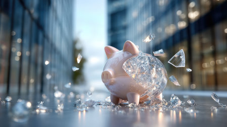 A shattered piggy bank lies amidst glass shards in a cityscape, symbolizing unexpected financial challenges and the fragility of savings.の素材