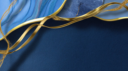 This image features a luxurious blue background with elegant gold ribbons and a natural stone, perfect for artistic or high-end design projects.の素材