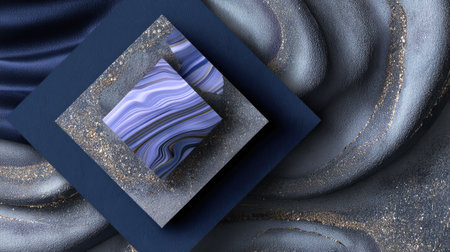 An elegant abstract composition featuring layered geometric shapes with flowing textures in shades of purple, blue, and gold, perfect for modern design.の素材