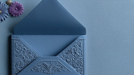 This beautiful blue envelope features intricate floral decorations on a soft blue background, ideal for invitations, announcements, or creative stationery.の素材