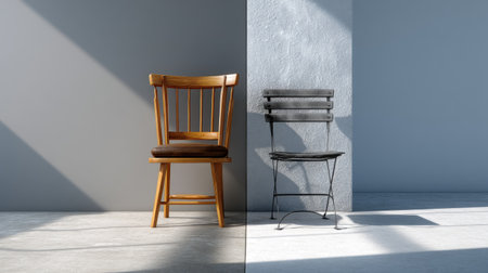 This image showcases a striking juxtaposition of a wooden chair and a metal chair in a minimalist interior, highlighting textures and shadows that create a serene atmosphere.の素材