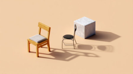 A contemporary arrangement of a wooden chair, a metal chair, and a concrete block on a soft, neutral background. Ideal for modern decor concepts.の素材