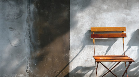 A striking wooden folding chair sits against a textured gray wall, capturing the interplay of light and shadow in a serene, minimalistic space.の素材
