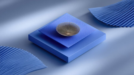 This striking abstract composition features a textured blue surface with a metallic bowl, showcasing modern design aesthetics and minimalism.の素材