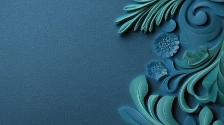 This stunning image features a delicate paper cut floral design in teal and blue tones. The intricate leaf patterns and textured background create a beautiful and serene ambiance, ideal for various artistic or decorative applications.の素材