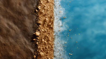 This striking image showcases the stark contrast between earth and water, highlighting textures of soil and the serene blue ocean. Perfect for themes of nature and environment.の素材